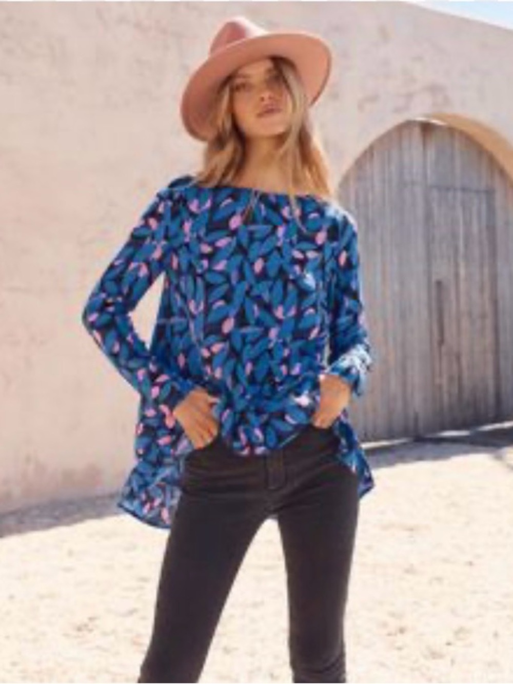Mister Zimi Blouse Blue Pink Black Leaf Print Long-Sleeve Top Ruffle AU 10 US 6